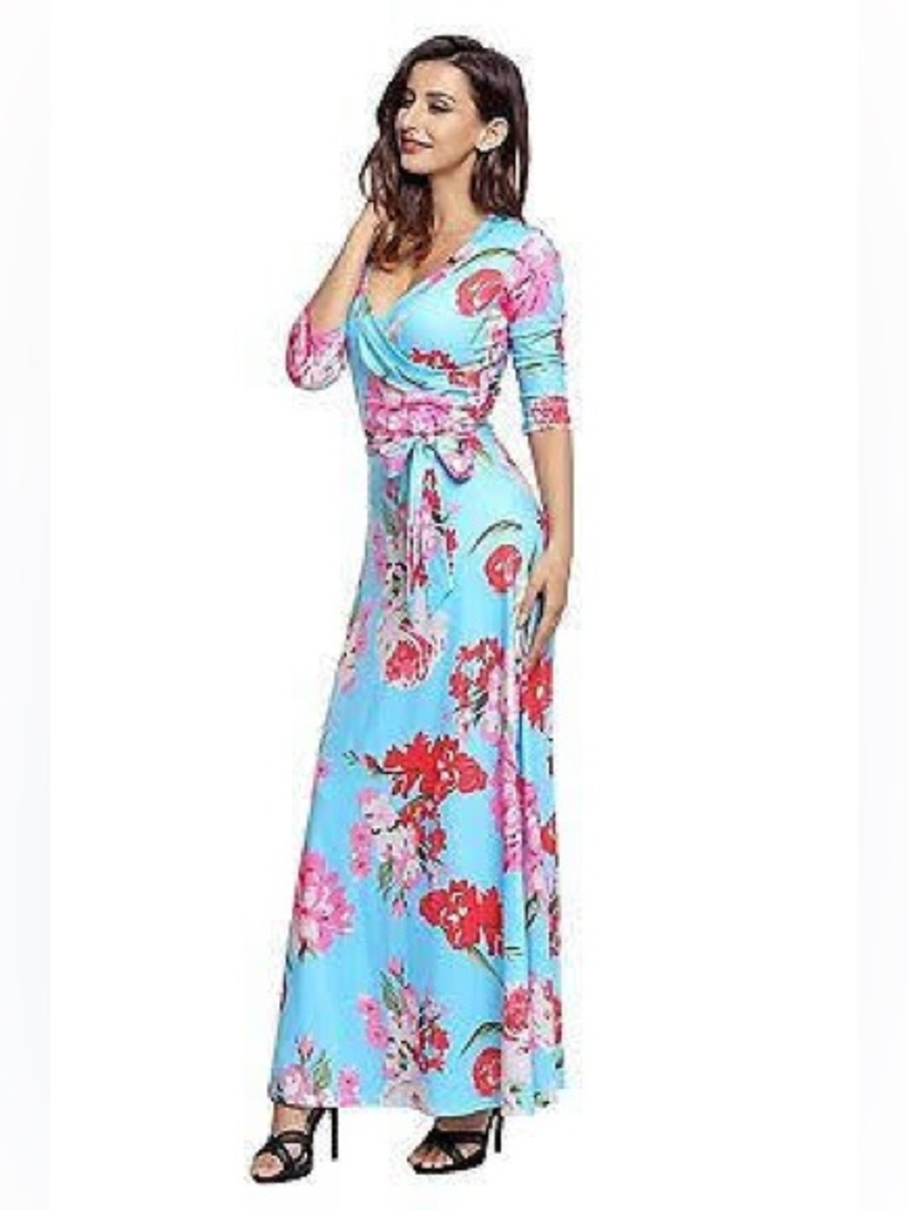 New! Turquoise Floral Wrap Maxi Dress with Tie Waist
